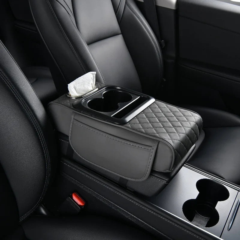 Reposabrazos para Coche 5 en 1: Caja para Pañuelos, Portavasos, Bolsa de Almacenamiento Multifuncional, Almohadilla Elevadora y Cojín con Bolsillo