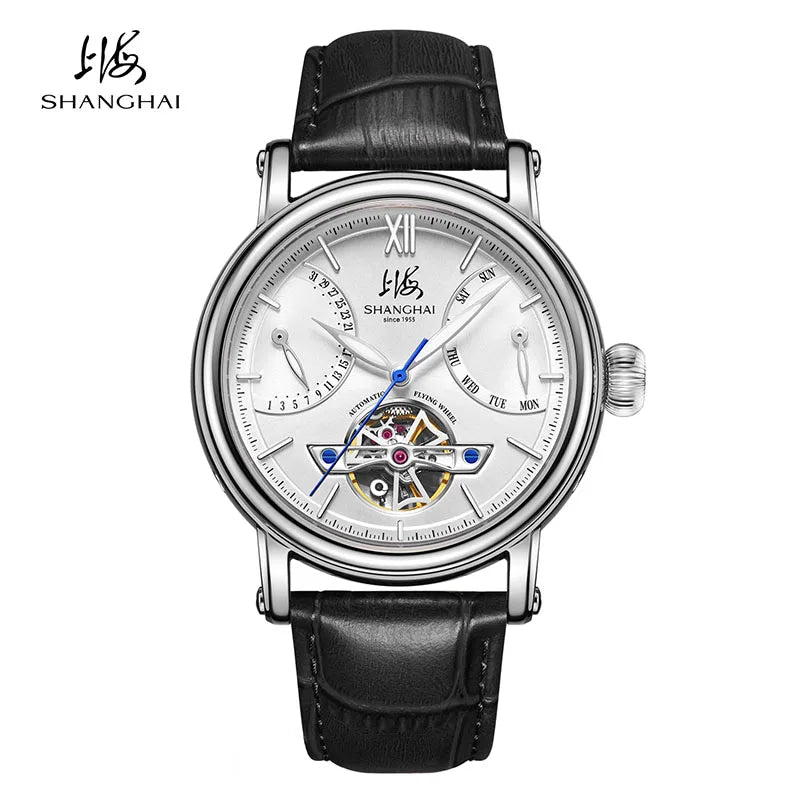 Shanghai Watch Skeletonized Flywheel Men's Mechanical Watch 42mm Automatic Watches Retrograde Calendar Sapphire Wristwatch S8924
