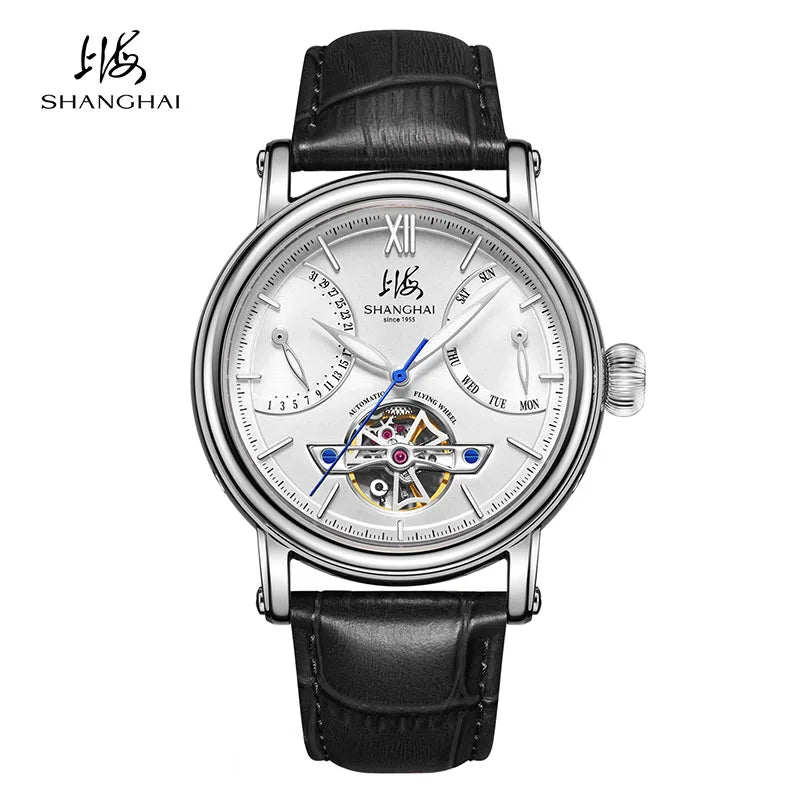 Shanghai Watch Skeletonized Flywheel Men's Mechanical Watch 42mm Automatic Watches Retrograde Calendar Sapphire Wristwatch S8924