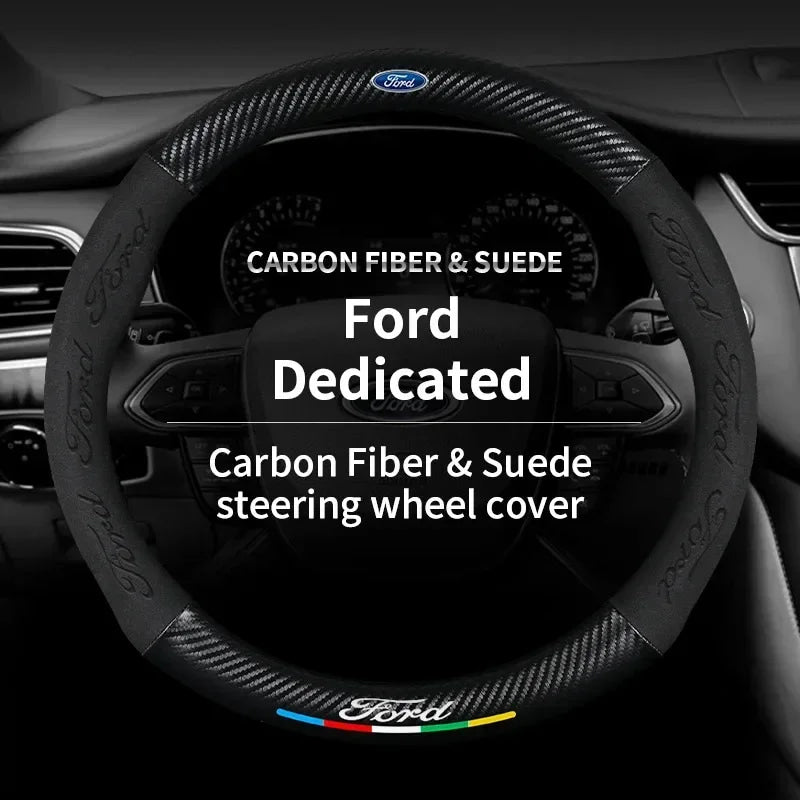 For Ford Mondeo Focus Raptor Puma Edge Explorer Ecosport Ranger F150 Kuga Car Suede Carbon fiber Anti-slip Steering Wheel Cover