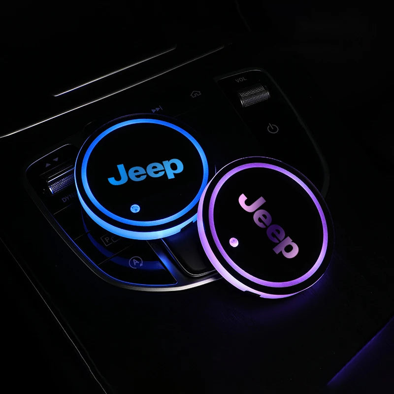 2Pcs LED Car Luminous Water Cup Pad Atmosphere Light Auto Accessories For Jeep Wrangler Renegade Compass Gladiator Cherokee Patr