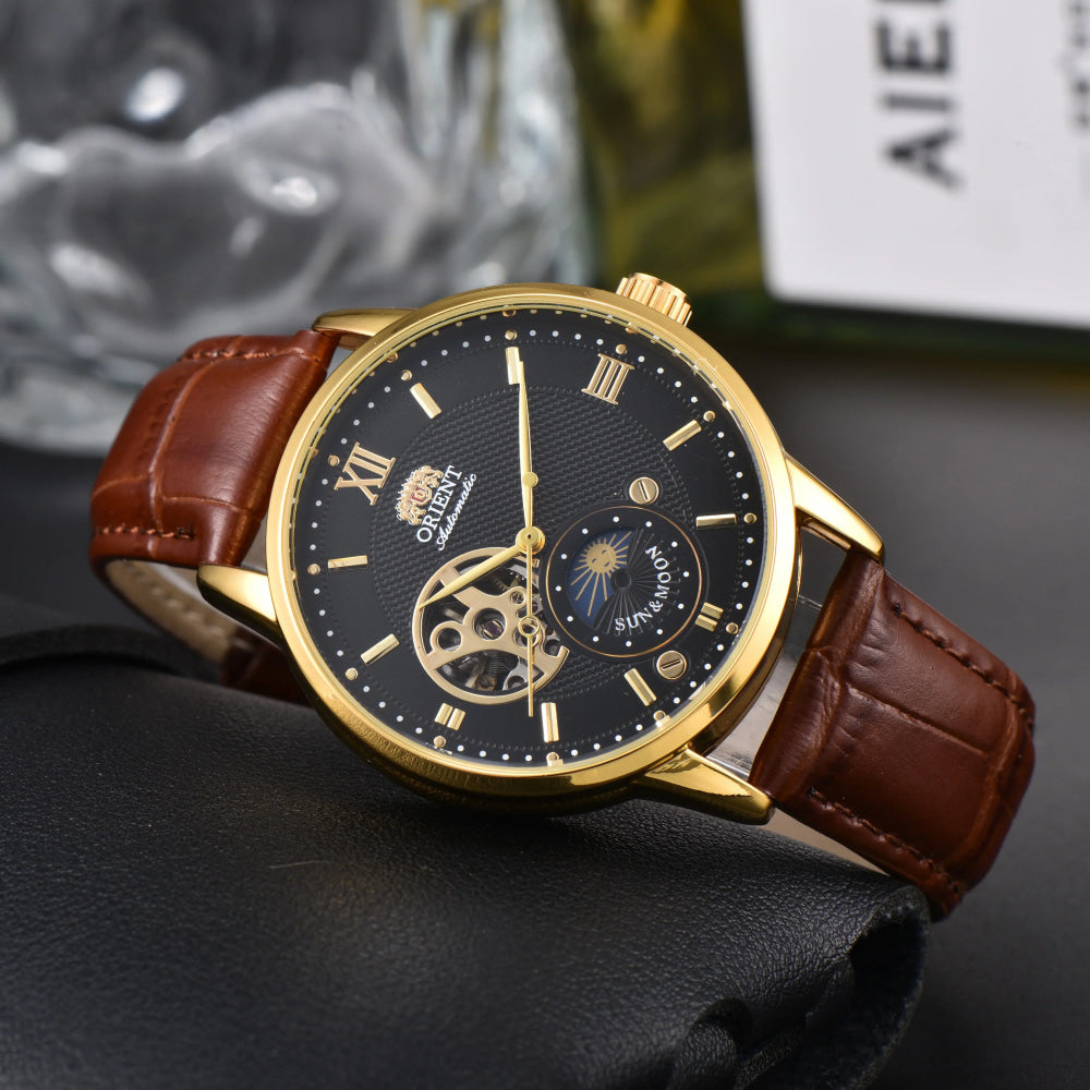 Orient Automatic Men's Watch Sun & Moon Phase Skeleton Dial Gold Case Black Leather Strap Mechanical Wristwatch
