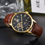 Orient Automatic Men's Watch Sun & Moon Phase Skeleton Dial Gold Case Black Leather Strap Mechanical Wristwatch