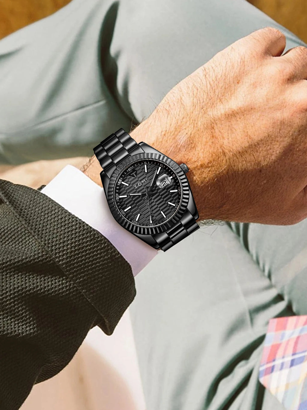 TOMI New Men's Watch Brooch Ring Gift Box Set Luxury Business Stainless Steel Strap Men's Calendar Casual Quartz Watch Reloj