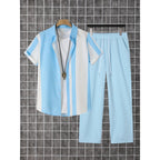 2-Piece Printed Men's Summer Short-Sleeved Button-Down Shirt and Pants Set