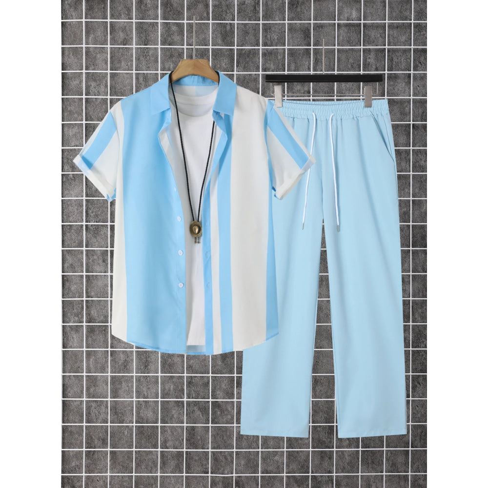 2-Piece Printed Men's Summer Short-Sleeved Button-Down Shirt and Pants Set