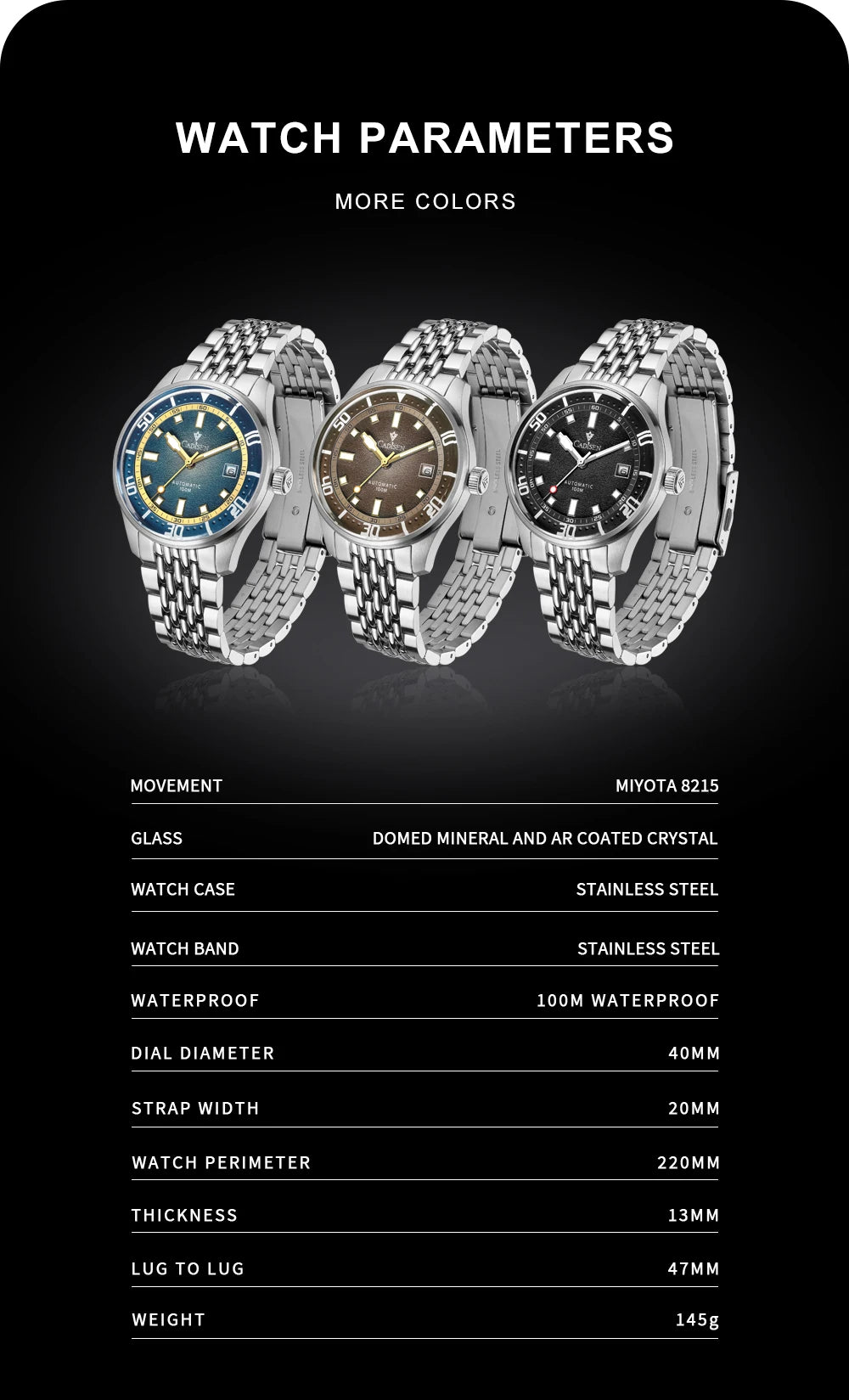 CADISEN Automatic Mechanical Watch Man Silver Business Casual Waterproof Watch Japan MIYOTA 8215 Movement Luminous Men's Watch