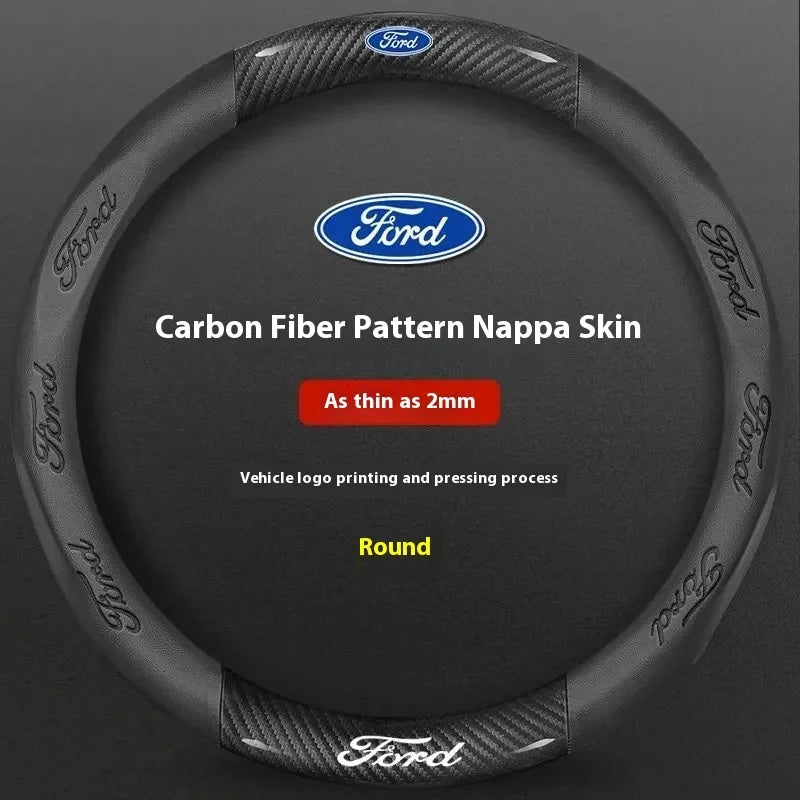 For Ford Mondeo Focus Raptor Puma Edge Explorer Ecosport Ranger F150 Kuga Car AntiSlip Carbon Fiber Leather Steering Wheel Cover