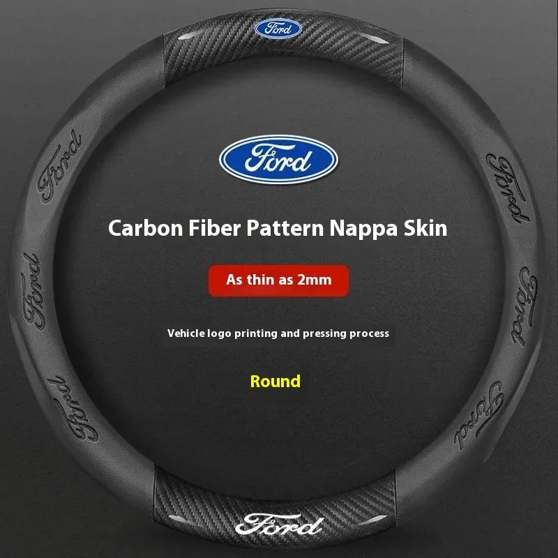 For Ford Mondeo Focus Raptor Puma Edge Explorer Ecosport Ranger F150 Kuga Car AntiSlip Carbon Fiber Leather Steering Wheel Cover