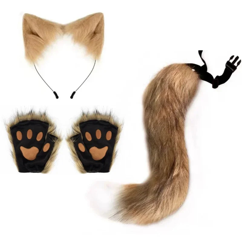 FluffyAnime-guantes y orejas de piel de Animal, cola de zorro, patas de gato, máscara facial, conjunto de disfraz de Cosplay, accesorios para fiesta de Halloween