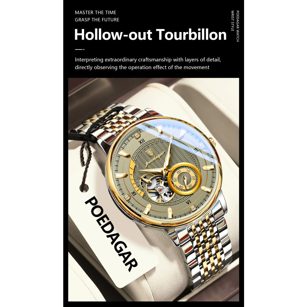 POEDAGAR Top Luxury Man Wristwatch Luminous Hollow Tourbillon Stainless Steel Men Clock Mechanical Automatic Men's Watches Reloj