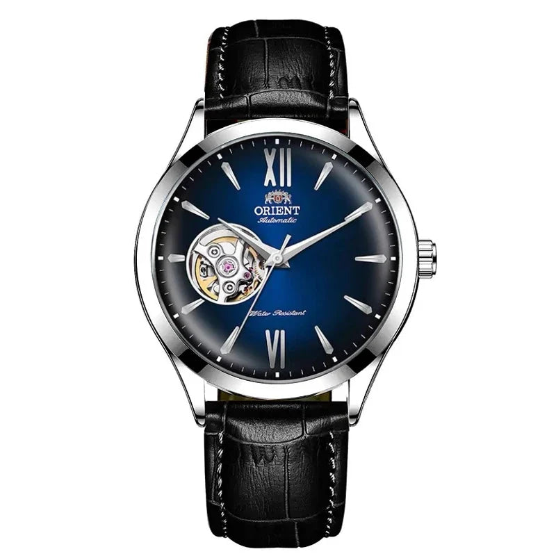Orient Men's Automatic Open Heart Watch Blue Dial Stainless Steel Band Casual Dress Wristwatch 30M Water Resistant Fashion Watch