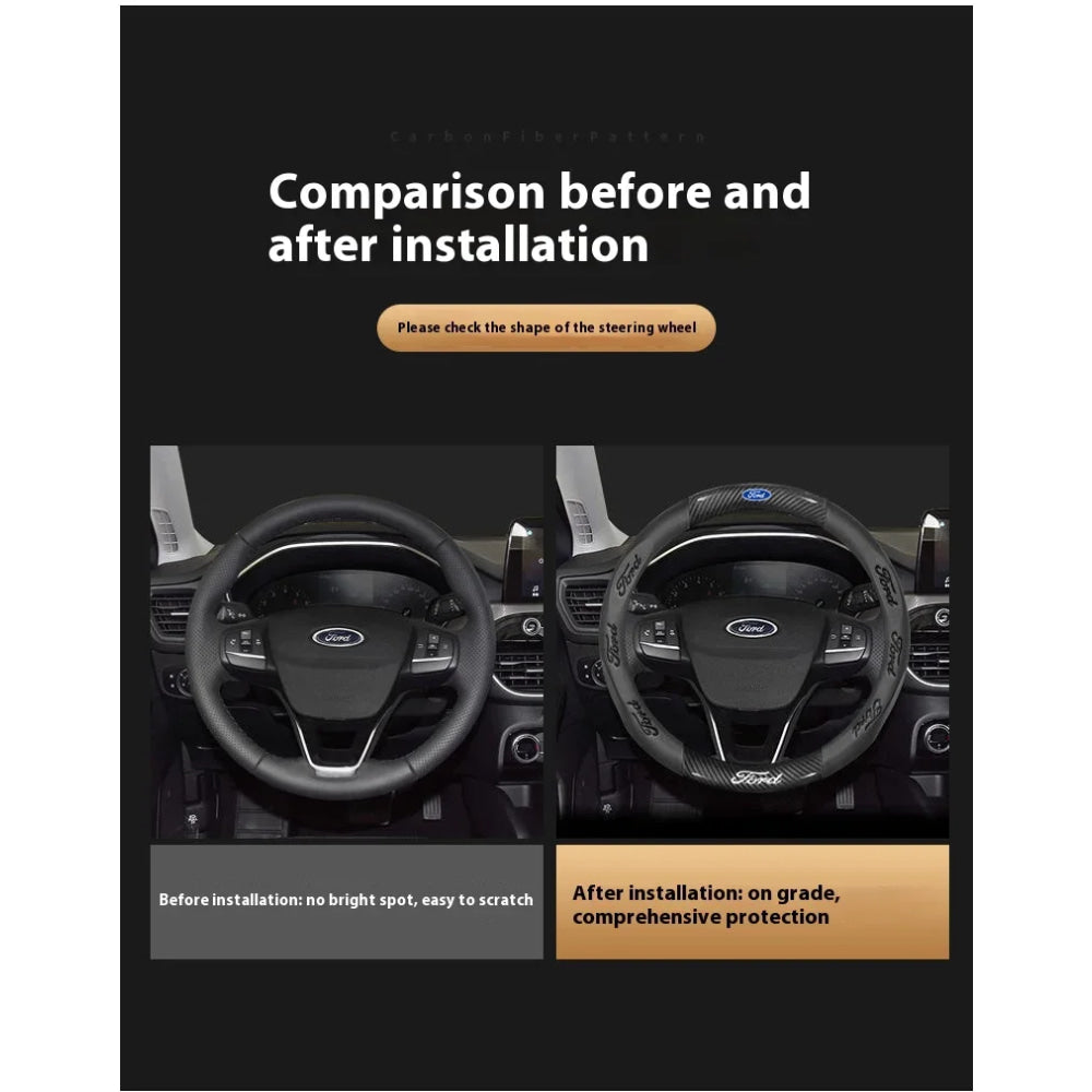 For Ford Mondeo Focus Raptor Puma Edge Explorer Ecosport Ranger F150 Kuga Car AntiSlip Carbon Fiber Leather Steering Wheel Cover