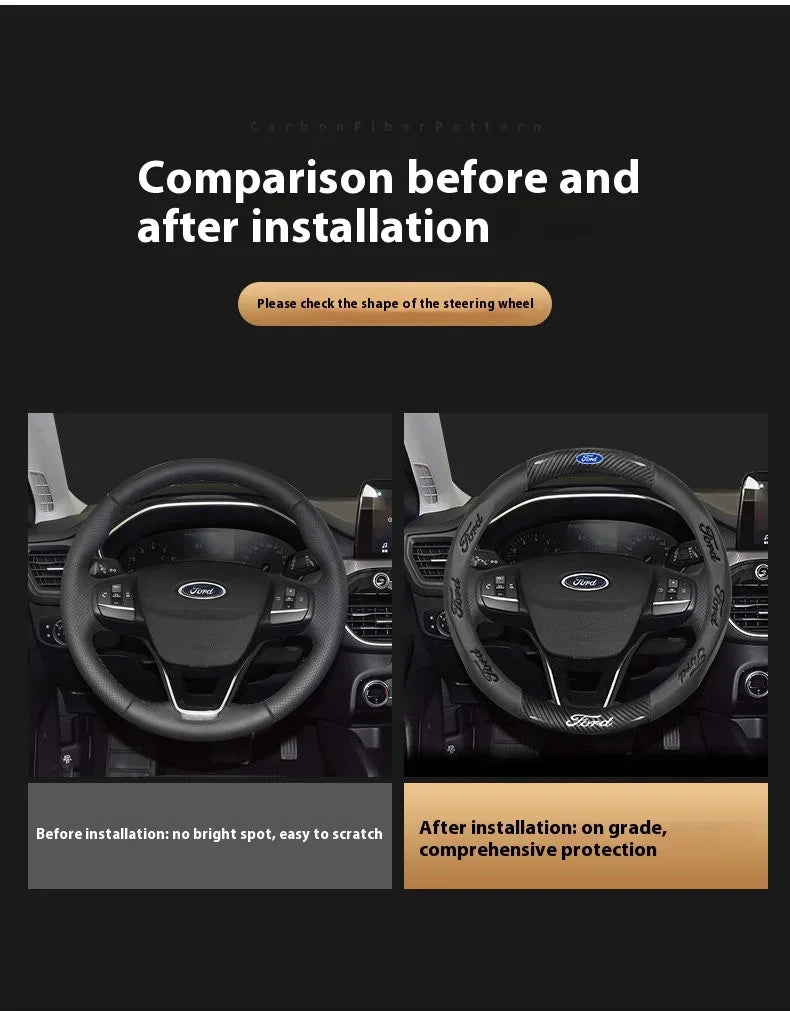 For Ford Mondeo Focus Raptor Puma Edge Explorer Ecosport Ranger F150 Kuga Car AntiSlip Carbon Fiber Leather Steering Wheel Cover