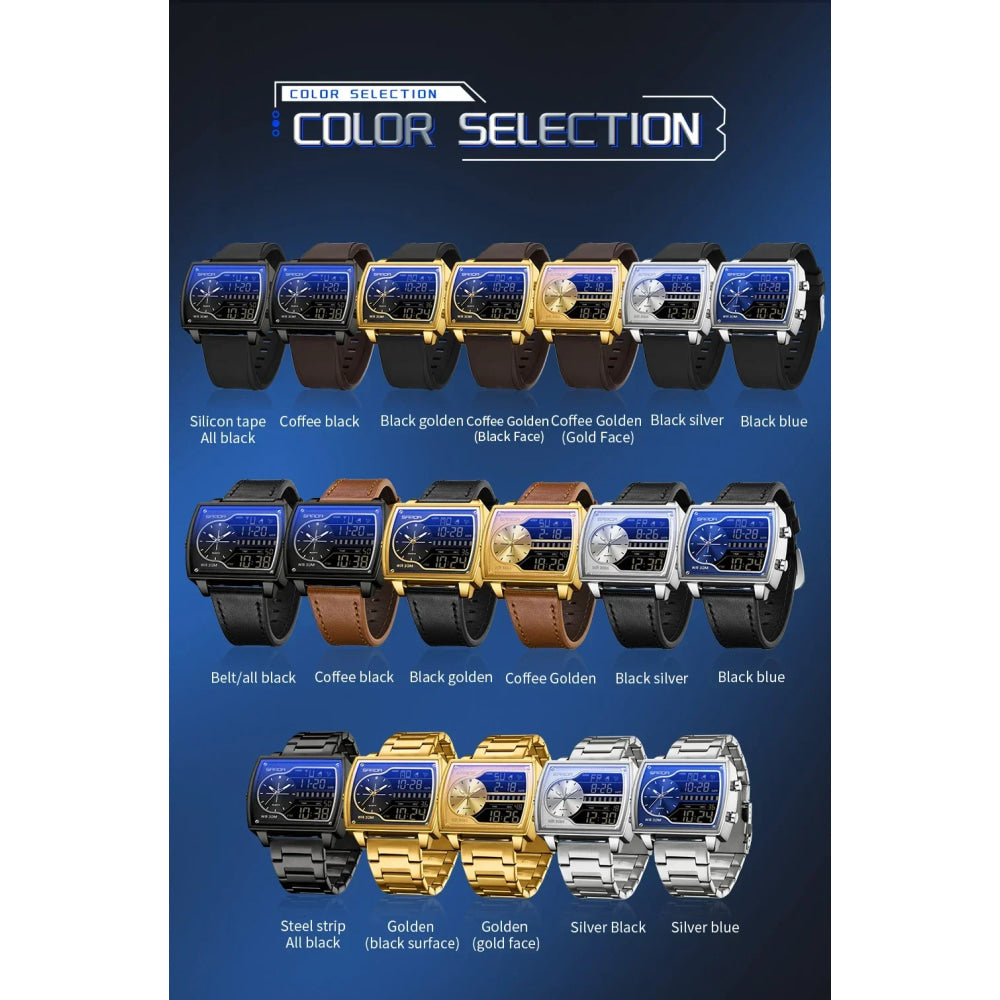 SANDA 6163 Fashion Trend Men's Quartz Watch Fashion Square Watch Countdown Sports Waterproof Dual Display Digital Men's Watches