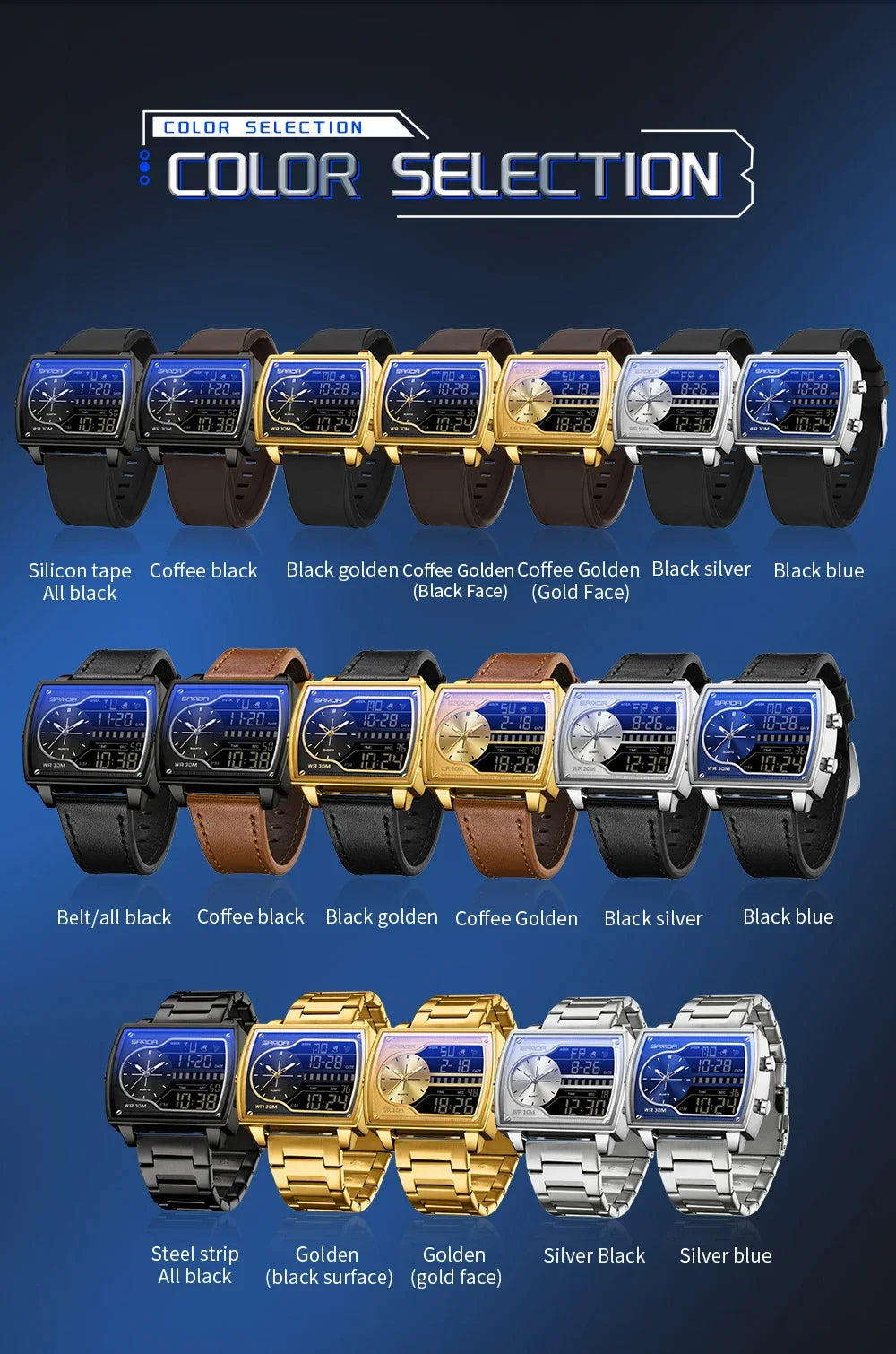 SANDA 6163 Fashion Trend Men's Quartz Watch Fashion Square Watch Countdown Sports Waterproof Dual Display Digital Men's Watches