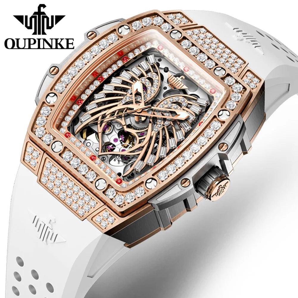 OUPINKE, marca de lujo, reloj mecánico para mujer, diseño de alas de Ángel de amor, esqueleto, automático, elegante, blanco, reloj de pulsera para mujer, nuevo