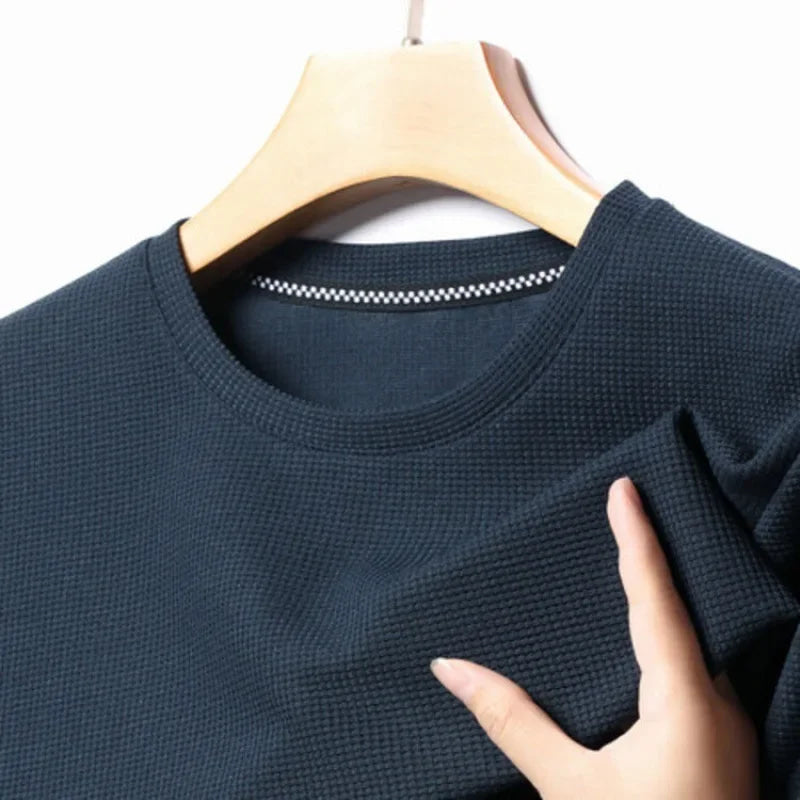 Nueva camiseta de manga corta con cuello redondo y gofres de verano para hombre, Top de manga corta