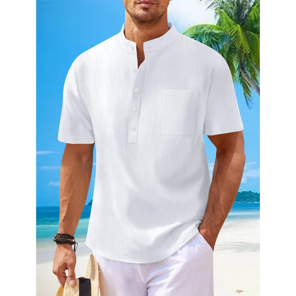 2025 autumn cross-border men's cotton and linen stand collar short sleeved shirt, loose casual Henley shirt for men