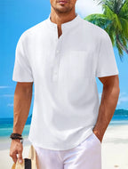 2025 autumn cross-border men's cotton and linen stand collar short sleeved shirt, loose casual Henley shirt for men