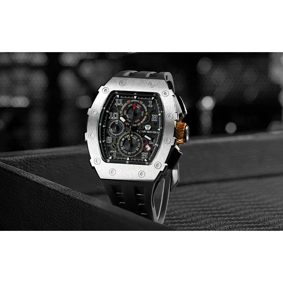 TSAR BOMBA Watch for Men Luxury Brand Tonneau Design Waterproof Clock Stainless Steel Wristwatch Fashion Rectangle Mens Watch