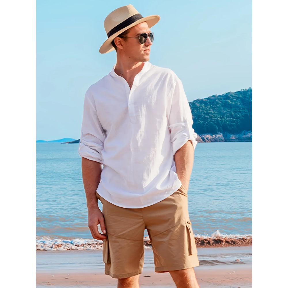 Camisa de lino de manga larga de moda casual para hombres Ropa de hombre transpirable cómoda y elegante