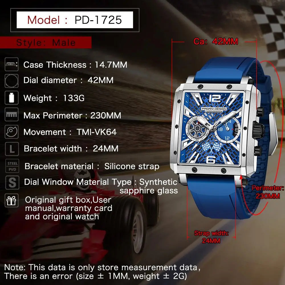 2026 New Pagani Design PD1725 Men Square Quartz Watch Chronograph 42MM Sapphire Glass Waterproof Racing Sports Silicone reloj