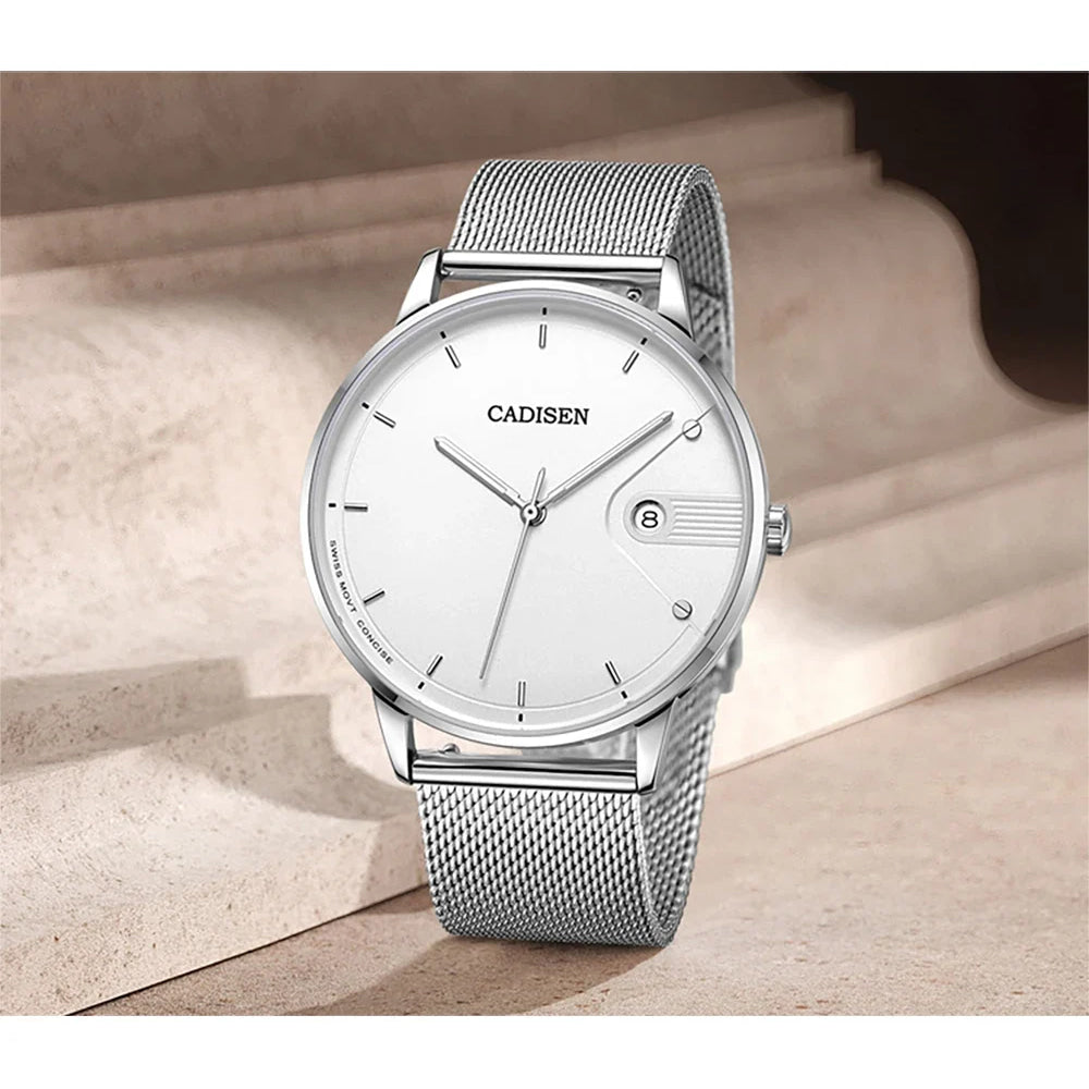 CADISEN Swiss Ronda 715 Quartz Watch Mans 7MM Ultra-thin Dial Sapphire Luminous Stainless Steel Milano Mesh Strap Watches Men