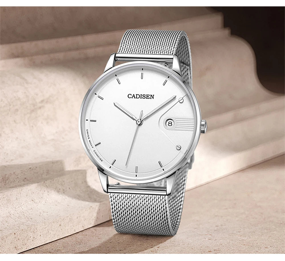 CADISEN Swiss Ronda 715 Quartz Watch Mans 7MM Ultra-thin Dial Sapphire Luminous Stainless Steel Milano Mesh Strap Watches Men