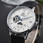 Reloj Automático Orient Sun & Moon semiesqueleto para hombre, esfera blanca, correa de cuero negro, cristal de zafiro, reloj de vestir resistente al agua hasta 50M