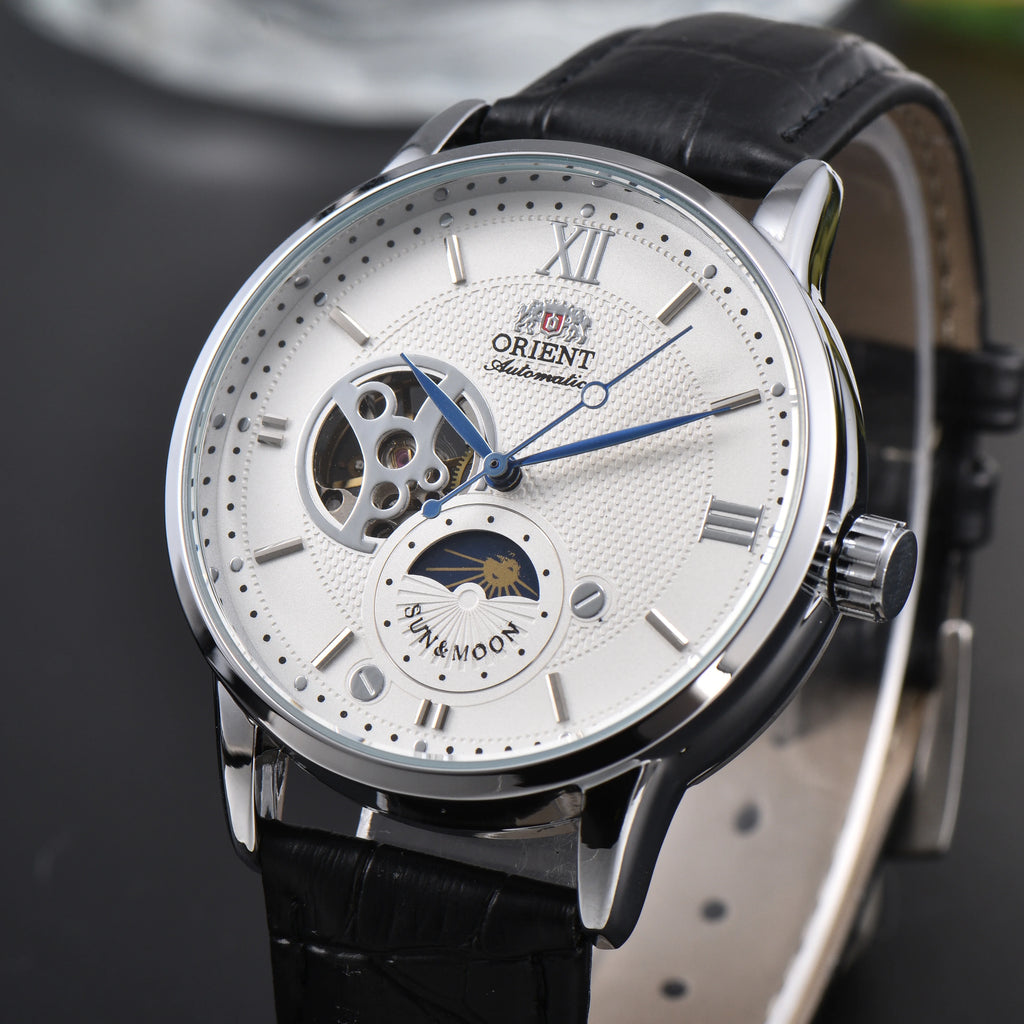 Reloj Automático Orient Sun & Moon semiesqueleto para hombre, esfera blanca, correa de cuero negro, cristal de zafiro, reloj de vestir resistente al agua hasta 50M