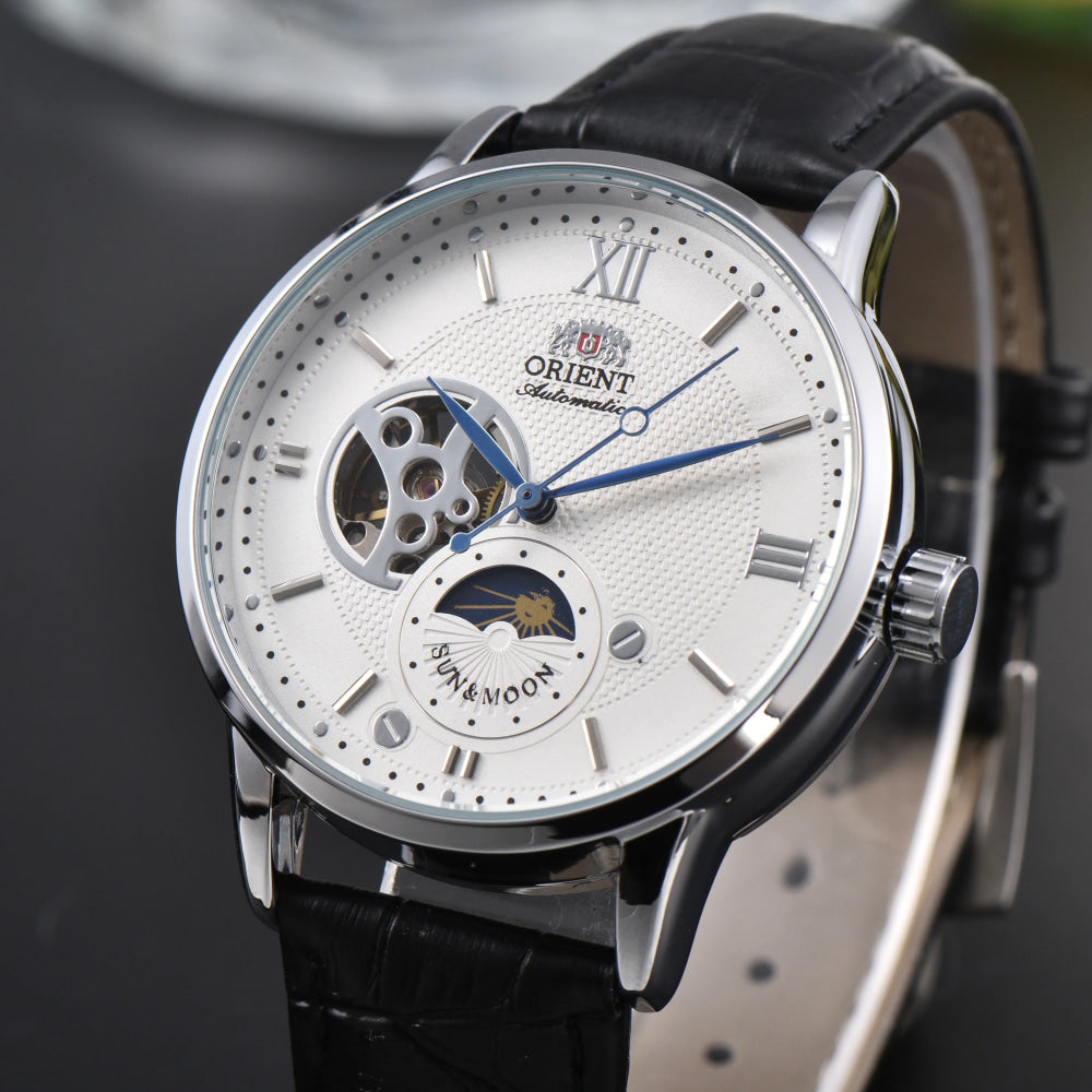 Orient Sun & Moon Semi Skeleton Automatic Watch Men's White Dial Black Leather Strap Sapphire Crystal 50M Waterproof Dress Watch