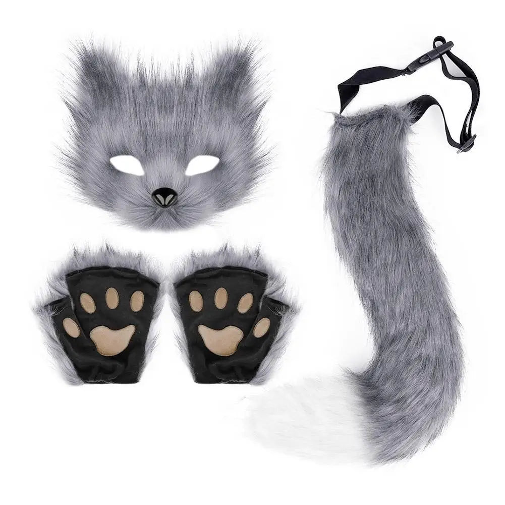 Guantes de garra de lobo 3D con máscara de media cara realista, conjunto de guantes con patas de gato y cola de piel esponjosa, accesorios para disfraz de Halloween