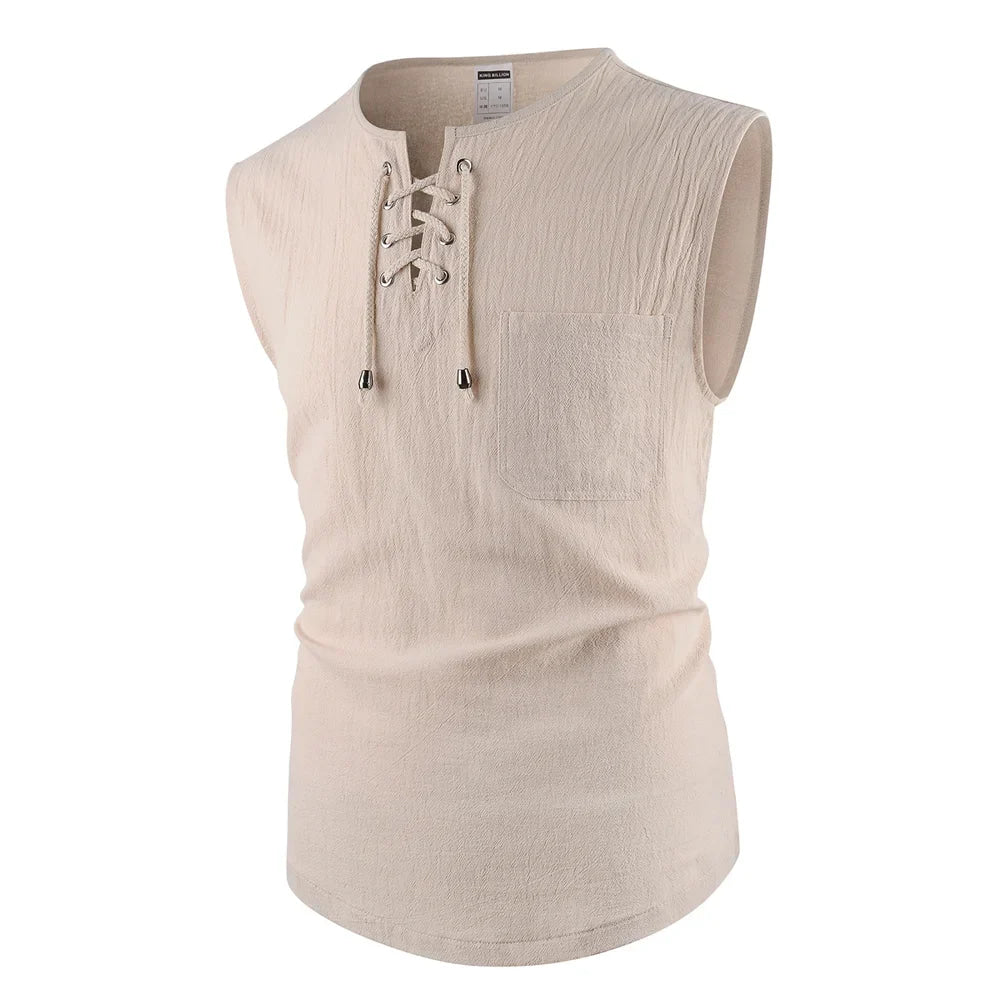 Men's Tank Tops Cotton Linen Breathable Lightweight Solid Color Drawstring Design V-neck Cool Feeling Vacation Style Male Tops
