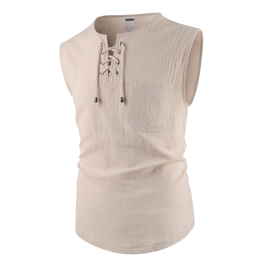 Men's Tank Tops Cotton Linen Breathable Lightweight Solid Color Drawstring Design V-neck Cool Feeling Vacation Style Male Tops