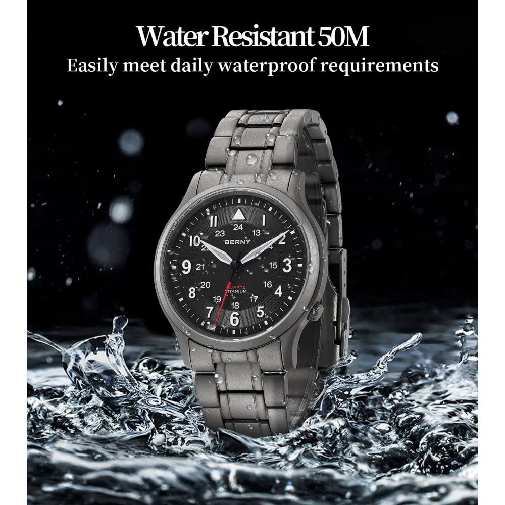 BERNY Full Titanium Watches for Men Outdoor Quartz Men's Field Wristwatch VH31 Super Luminous Sapphire Easy Read Watch