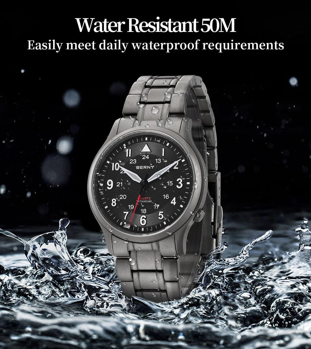 BERNY Full Titanium Watches for Men Outdoor Quartz Men's Field Wristwatch VH31 Super Luminous Sapphire Easy Read Watch