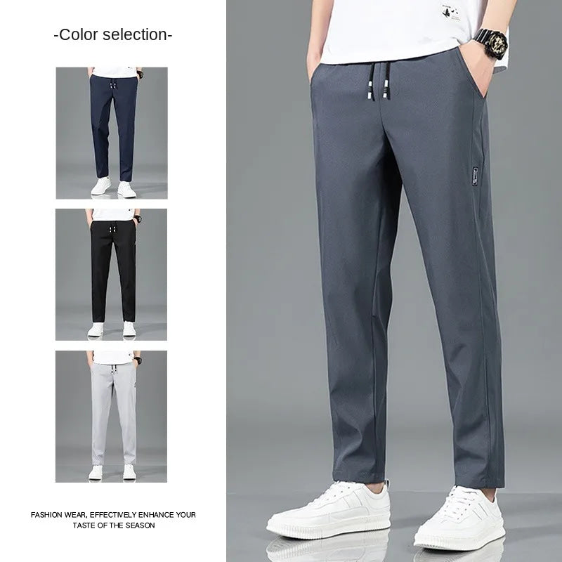 Pantalones de seda de hielo para hombre, novedad de verano 20225, pantalones informales de negocios finos negros y grises, pantalones de chándal de pierna recta transpirables elásticos para exteriores
