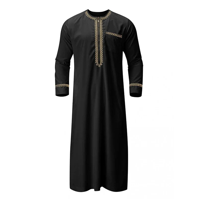 Men s Traditional Moroccan Kaftan Robe with Intricate Gold Embroidery Long Sleeves and Loose Fit for Ethnic Style Costume