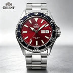 Orient Automatic Mechanical Diver Watch for Men 200M Waterproof Red Dial Stainless Steel Band Day Date Display Sport Wristwatch