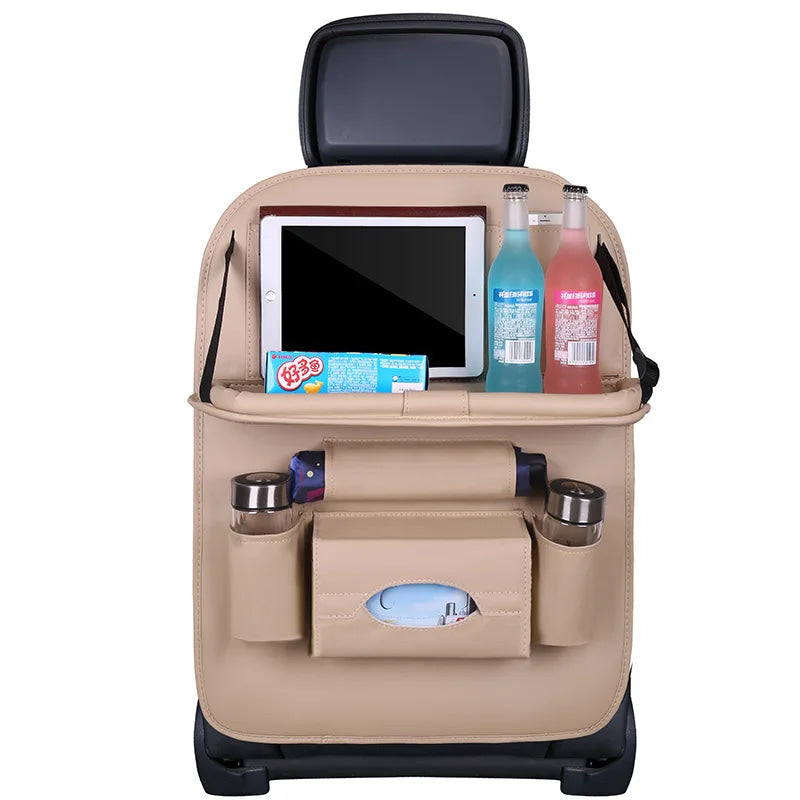Organizador de Asiento Trasero de Coche, Bandeja Plegable de Cuero PU con Bolsillos de Almacenamiento y Protectores de Patadas - Accesorios Interiores para Vehículos