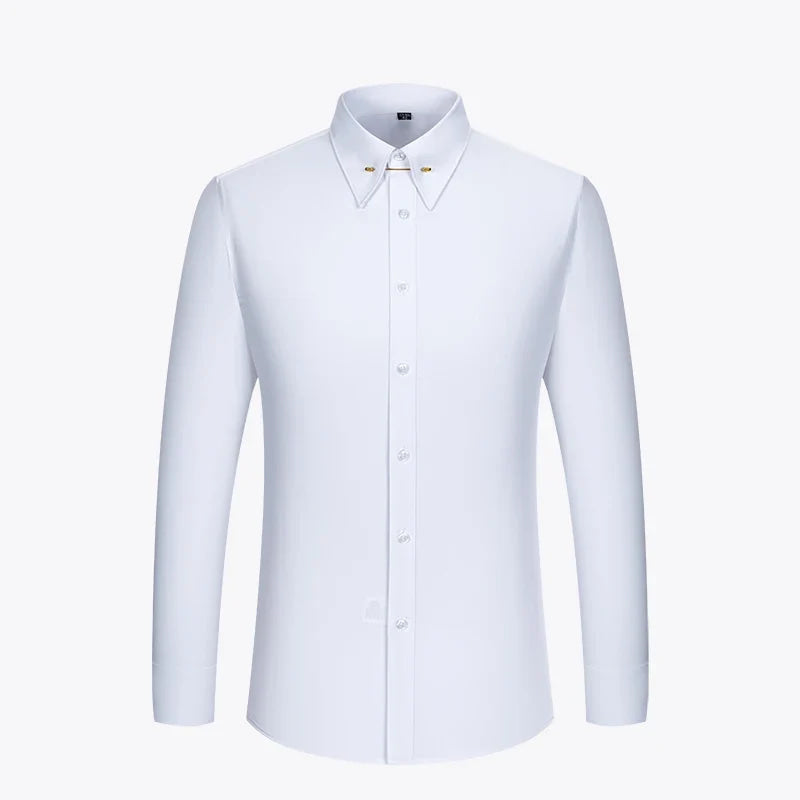 Embroidered French Cufflinks Men's Long-Sleeve Shirt with Collar Pins, Big Collar Dress Shirt for Business Formal Wear, Gentlema