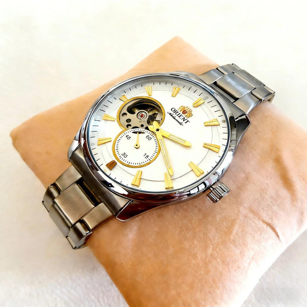 ORIENT Automatic Mechanical Watch Men's Stainless Steel Strap Skeleton Dial White Gold Needle Luminous 50M Waterproof Sapphire