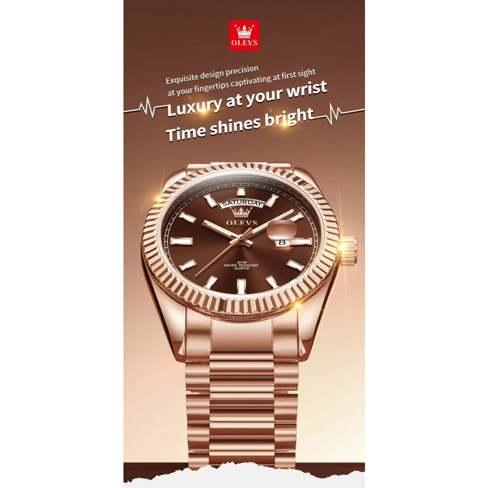 OLEVS Men's Watch Top Brand Luxury Wrist Watch For Men Fashion Rose Gold Stainless Steel Waterproof Watch Day Date Quartz Clock