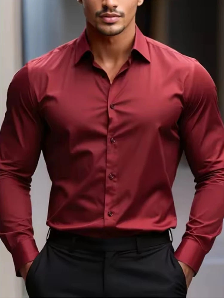 White men's Dress shirt without ironing, business casual, slim and slim black shirt, solid color, fashionable and high-quality
