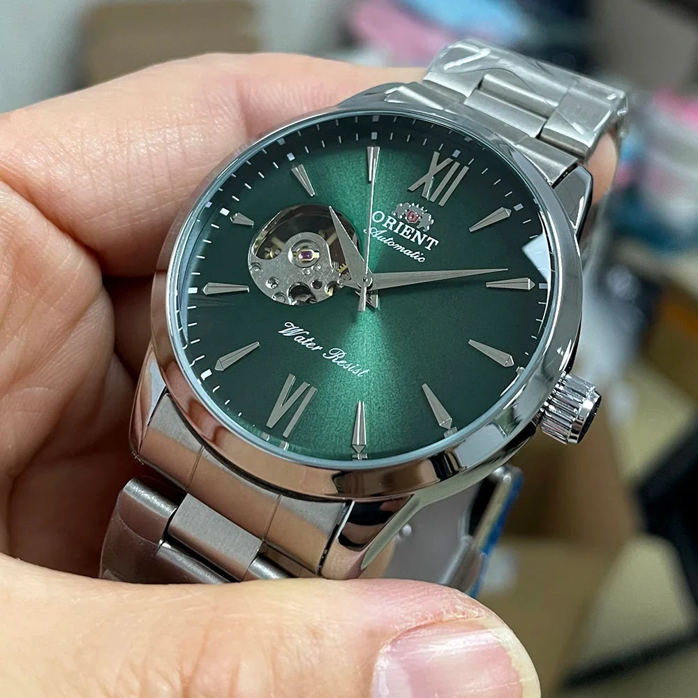 Orient Men's Automatic Open Heart Watch Blue Dial Stainless Steel Band Casual Dress Wristwatch 30M Water Resistant Fashion Watch