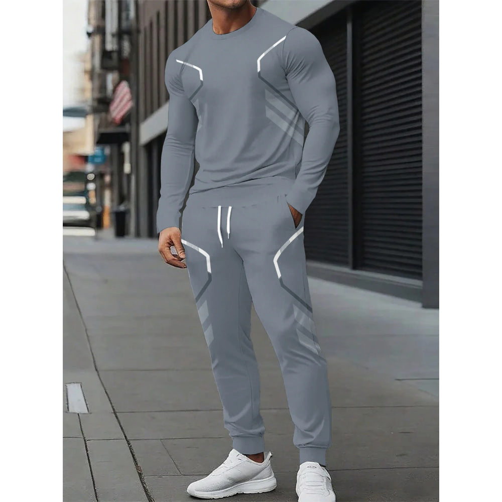 The new men's round-neck sweatshirt set for Spring and Autumn 2025 features street fashion and comfort with 3D pattern printing