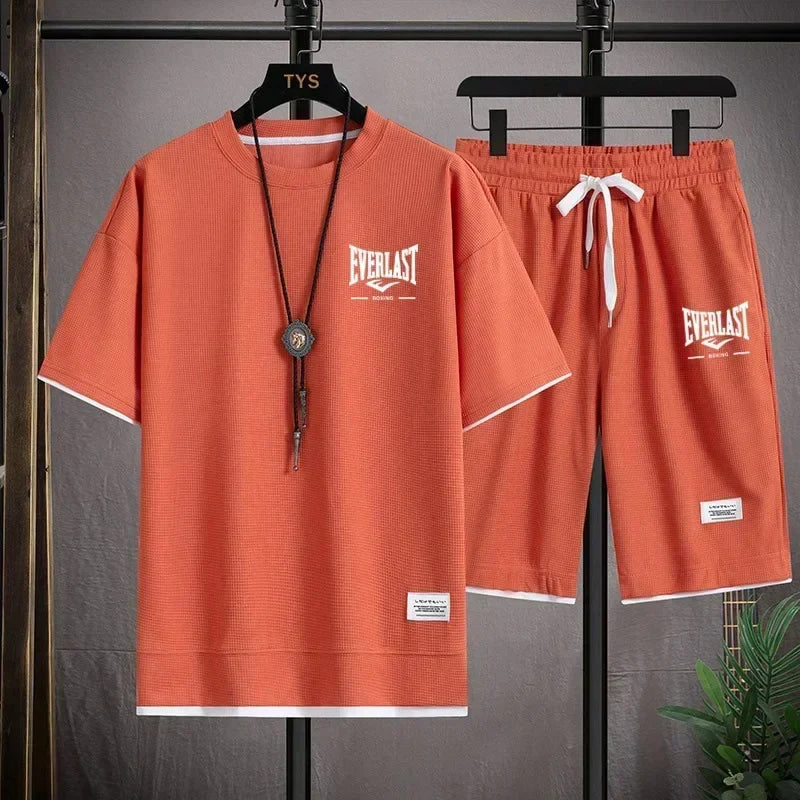 2026 Men's summer suit high quality round neck men's T-shirt 2 pieces shorts running quick dry leisure quick dry.