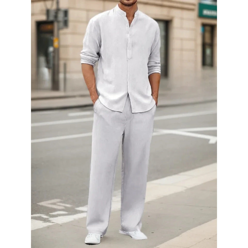 Men's Fall Casual Outfits Solid Color Henley Collar Long Sleeve Tops with Elastic Waist Pants Long Sleeve Pants Shirt Suit