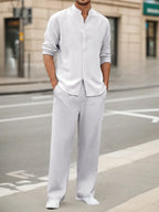 Men's Fall Casual Outfits Solid Color Henley Collar Long Sleeve Tops with Elastic Waist Pants Long Sleeve Pants Shirt Suit